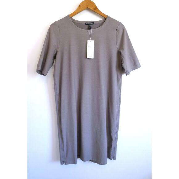 EILEEN FISHER Washable Crepe Elbow Sleeve Side Zip Shift Dress Smoke S NWT $238 - Picture 1 of 10